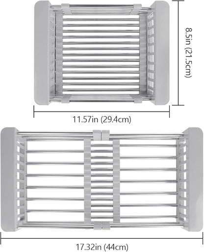 LUEXBOX Expandable Dish Drying Rack Over The Sink, Stainless Steel Drainer Basket with Adjustable Arms for Vegetable and Fruit (Grey)
