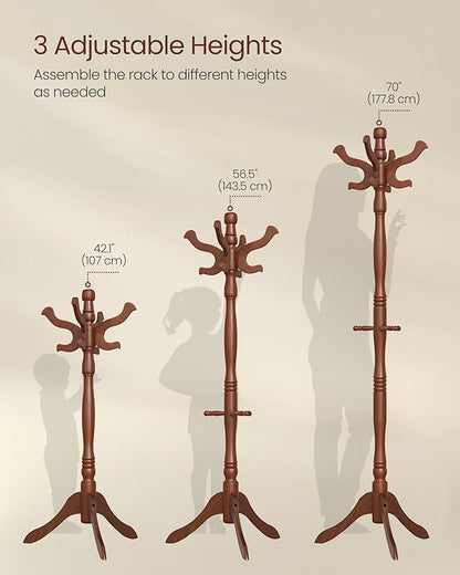 VASAGLE Coat Stand, Solid Wood Freestanding Coat Rack with 11 Hooks, Hall Tree for Bags, Purses, Hats, for Entryway, Hallway, Rubberwood, Caramel Brown URCR05WN
