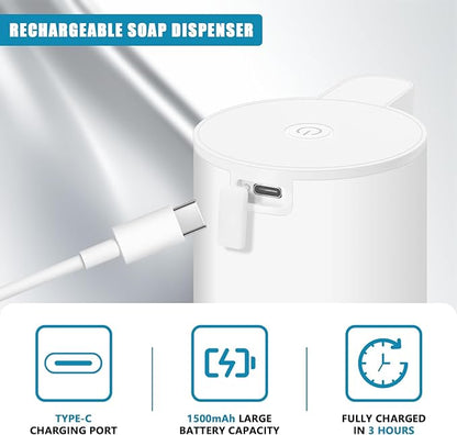 Mamiddle Automatic Soap Dispenser Stainless Steel with Sensor Infrared Soap Dispenser Electric IPX5 Waterproof USB-C Charging Motion Sensor for Kitchen & Bathroom (White Foam)