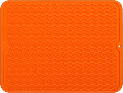 Silicone Dish Drying Mat for Multiple Usage,Easy clean,Eco-friendly,Heat-resistant Silicone Mat for Kitchen Counter or Sink,Refrigerator or drawer liner Orange L 16 inches x 12 inches