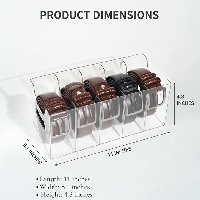 Belt Organizer 2-Pack，Belt storage Organizer for Closet with Removable Dividers - 5 Compartments & Handles Drawer Storage and Organizers for underwear, Socks, and Bow Ties Acrylic Belt Organizers