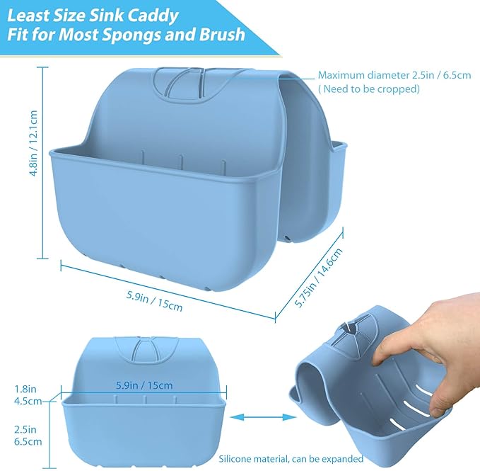 VPASION Sponge Holder for Kitchen Sink, Silicone Sink Saddle Caddy Organizer Rack, Sponges Holder Over Faucet, Hanging Kitchen Organizer Accessories Rack Basket Light Blue