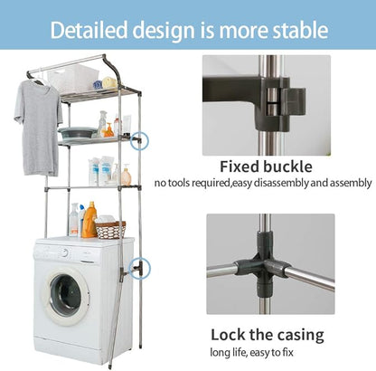 BAOYOUNI 3-Tier Over The Laundry Shelf Above Toilet Washing Machine Dryer Storage Utility Rack Clothes Hanger Rod Standing Bathroom Organization Space Saving Shelving Units, Grey