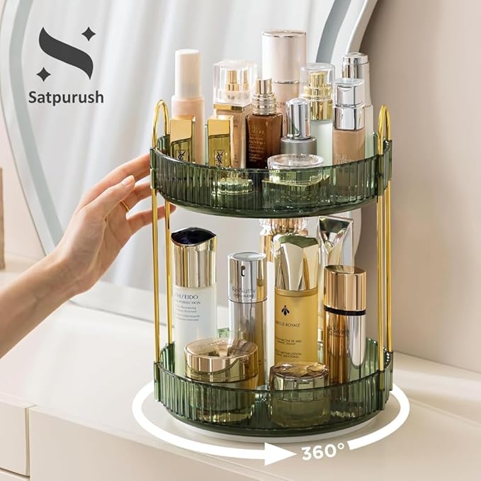 Satpurush 360° Rotating Makeup Organizer, 2 Tier Spinning Cosmetic Organizer for Vanity & Bathroom Countertop, Holds Tall Skincare Bottles, Perfume & Beauty Accessories – Clear Green