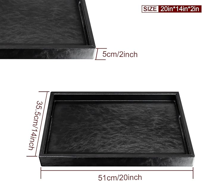 20 * 14 inches Leather Rectangle Serving Tray with Hole Handles,High-End Light Large Service Tray for Ottoman Tray, Tea, Food, Butler - Countertop, Kitchen,Family Dinner, Picnic (Black)