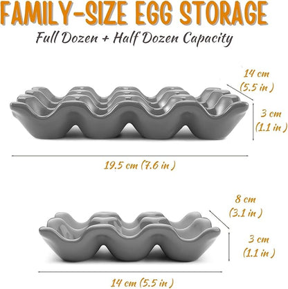 Flexzion 12 Cups Ceramic Egg Holder for Fridge - Dozen Ceramic Egg Tray Porcelain Container Storage Organizer Decorative Serving Stand Serveware for Refrigerator Countertop Display (Gray, 2 Pack)