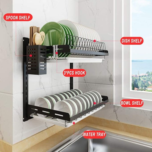 junyuan Kitchen Dish Rack,Hanging Dish Drying Rack Organizer Storage Shelf Over Sink,2 Tier Wall Mount Bowl Holder with Drain Tray and Silverware Stainless Steel Black Coating Ajustable Height