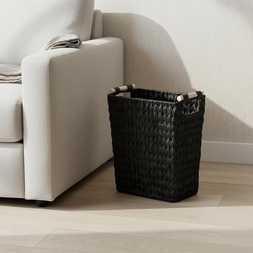 Endymion Black Wicker Trash Can,5 Gallon Bathroom Trash Can with Wooden Handles,Woven Narrow Waste Basket for Bedroom,Office,Living Room