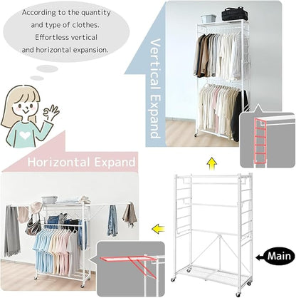 lumizone Folding Clothing Rack with Wheels Expandable Wardrobe Portable Clothes Rack for Hanging Clothes Adjustable Closet Shelves Garment Rack Durable Closet Racks for Hanging Clothes (Pro Black)
