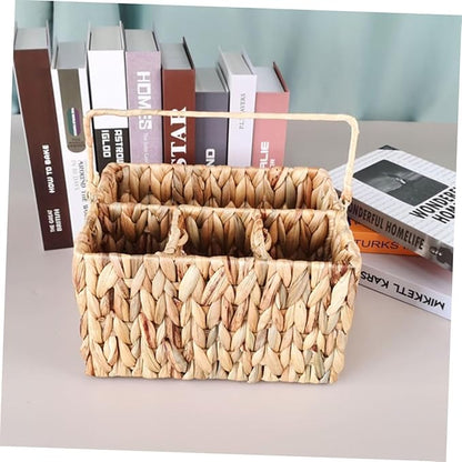 Luxshiny Woven Straw Basket Desktop Organizer Silverware Organizer for Storage Tabletop Multipurpose Kitchen Holder