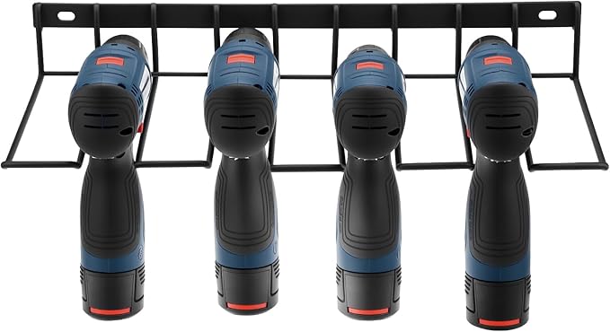 QWORK Drill Holder Wall Mount, 2 Pack Alloy Steel Power Tool Organizer Rack for Garage & Workshop, Space-Saving Storage for Drills & Accessories, 50lbs Capacity, 16.5" x 7.8" x2.36"