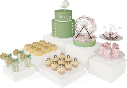 Buffet Risers, Food Risers for Buffet Table, Display Stand Shelf for Catering Dessert Collectibles Jewelry Figures Show, White Acrylic Cube Display Nesting Risers with Hollow Bottoms