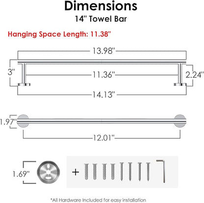 FORIOUS Towel Bar Wall Mounted, Stainless Steel Towel Racks for Bathroom, Includes Wall Mounting Hardware (Chrome, 14 Inch)