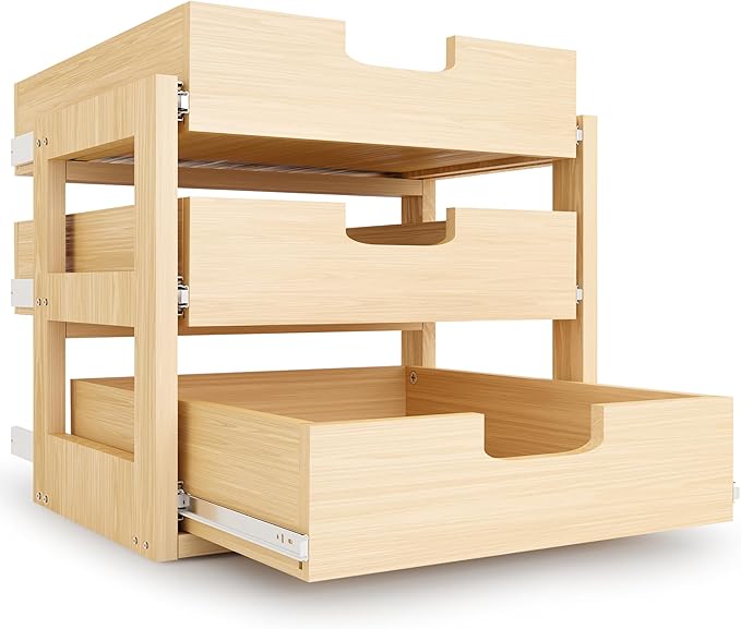 Pull Out Cabinet Organizer, 26''W×21''D×19''H Soft Close Slide Out Wooden Pull out Drawers, Three Tier Slide out Wood Cabinet Organizer, for Base Cabinet Organization in Kitchen, Pantry, Bathroom