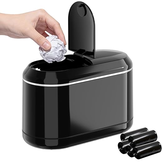Mini Trash Can for Desk with 5 Rolls of Trash Bags, Small Press-Top Countertop Garbage Bin, Removable Waste Basket for Bedroom, Vanity, Coffee Table, Kitchen (Black Half-Lid)