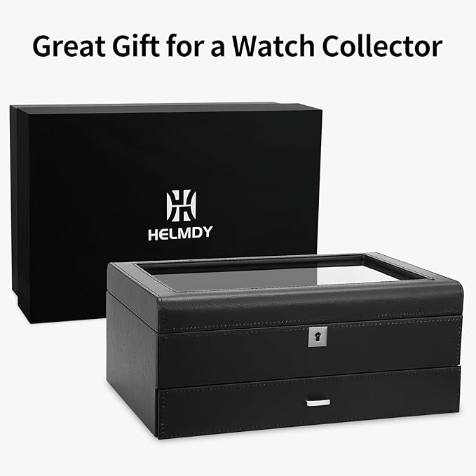 HELMDY Leather Watch Box with Drawer-10 Slots Locking Jewelry Watches Holder for Men-Luxury Watch Case Display Organizer-2 Tier Organizer Watch Showcase-Storage Case