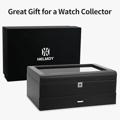 HELMDY Leather Watch Box with Drawer-10 Slots Locking Jewelry Watches Holder for Men-Luxury Watch Case Display Organizer-2 Tier Organizer Watch Showcase-Storage Case