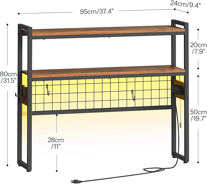 HOOBRO Desktop Bookcase, 2-Tier Desktop Organizer, 37.4" Wooden Office Storage Rack with Outlets, Display Shelf Rack with Light Strip, Desk Hutch for Office, Rustic Brown BF13UDSJ01