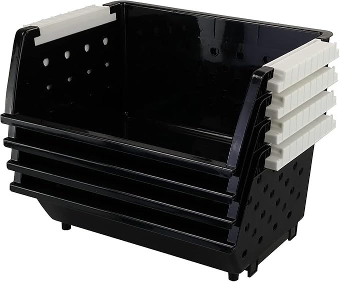 Jekiyo 4 Packs Large Stackable Storage Bins, Plastic Stacking Basket, Black