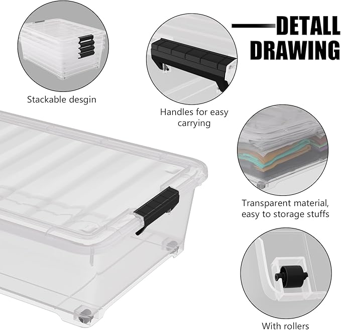 Uumitty 25 Quart Under Bed Clear Latch Bin with Wheel, Plastic Under Bed Storage Box, 4 Pack
