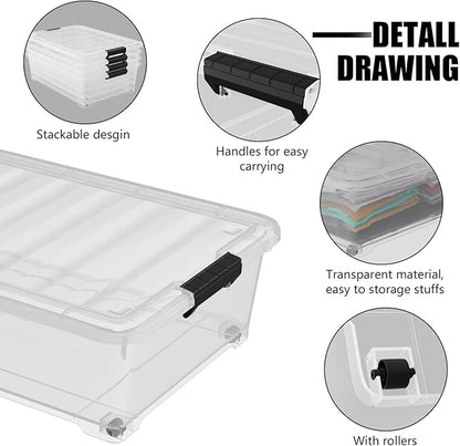 Uumitty 25 Quart Under Bed Clear Latch Bin with Wheel, Plastic Under Bed Storage Box, 4 Pack