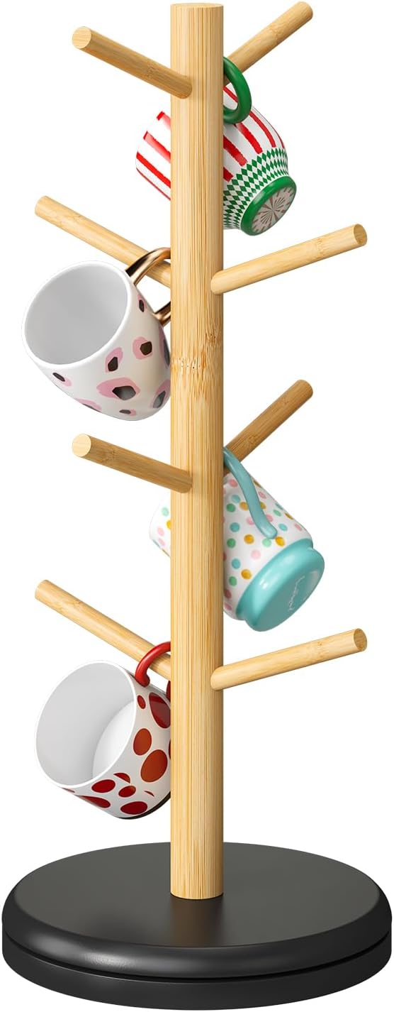 Mug Holder Tree 360° Rotated Mug Tree Coffee Cup Holder Bamboo Rack Stand 8 Hooks for Countertop Cup Rack Kitchen Coffee Bar Organizer Decorative Mug Racks (Natural+Black)