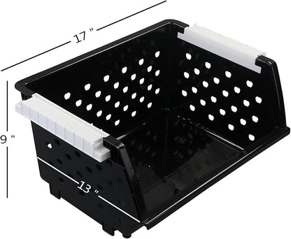 3-Pack Plastic Stackable Organizer Basket, Stacking Storage Basket, Black