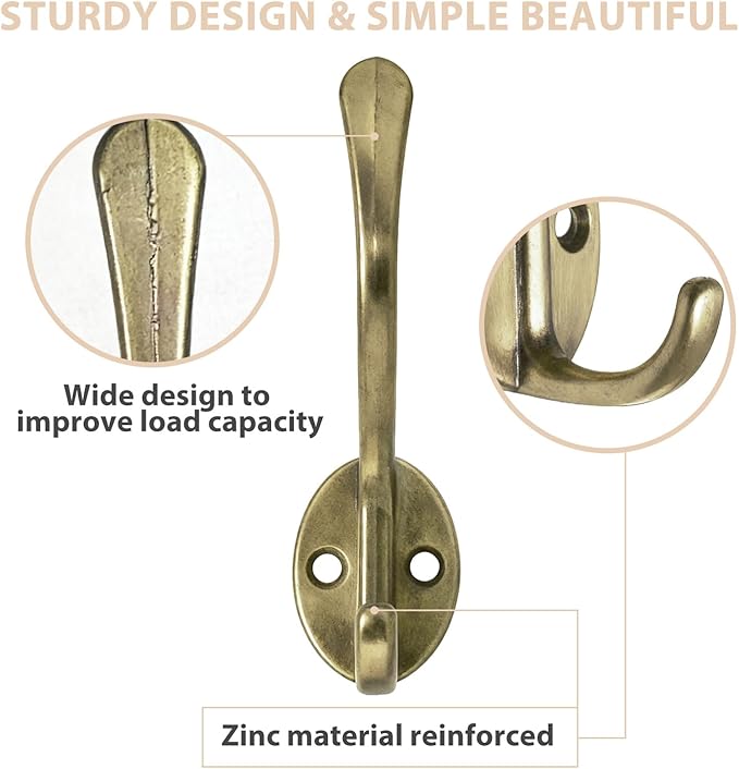10 Pack Coat Hooks Wall Mounted with 20 Screws, Heavy Duty Antique Brass Towel Hooks Metal Double Hooks, No Rust Retro Rustic Wall Hooks for Hanging Towel, Coat, Scarf, Bag, Hat, Cup, Key