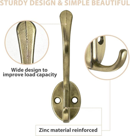 10 Pack Coat Hooks Wall Mounted with 20 Screws, Heavy Duty Antique Brass Towel Hooks Metal Double Hooks, No Rust Retro Rustic Wall Hooks for Hanging Towel, Coat, Scarf, Bag, Hat, Cup, Key
