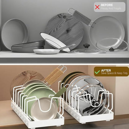 Pots and Pans Organizer Under Cabinet, Pull Out Pots and Pans Organizer, Expandable Sliding Lid Holder and Pan Rack for Pot Lid, Bakeware, Dishes, 10 Adjustable Dividers