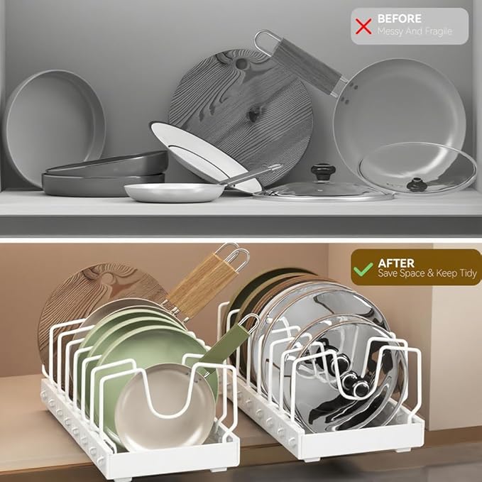 Pull-Out Pots and Pans Organizer, 2 Pack Under Cabinet Pot Lid Holder, Slide Lid Organizers Inside Cabinet, Pot Lid Organizer for Kitchen, Bakeware, Dishes, 10 Adjustable Dividers - White