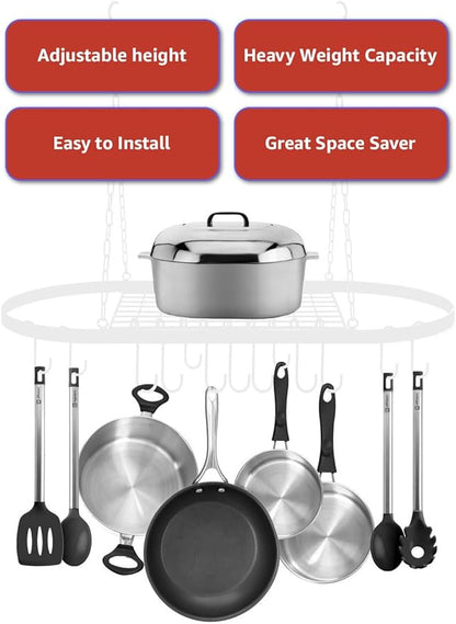 Sorbus® Pot and Pan Rack for Ceiling with Hooks — Decorative Oval Mounted Storage Rack — Multi-Purpose Organizer for Home, Restaurant, Kitchen Cookware, Utensils, Books, Household (Hanging Chrome)