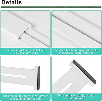 4 Pack Bamboo Kitchen Drawer Dividers with Inserts 2.6" High, Adjustable from 12.5 Inch to 21.7 Inch Drawer Organizers, Expandable Drawer Separators for Clothes, Bedroom, Dresser, Office (White)