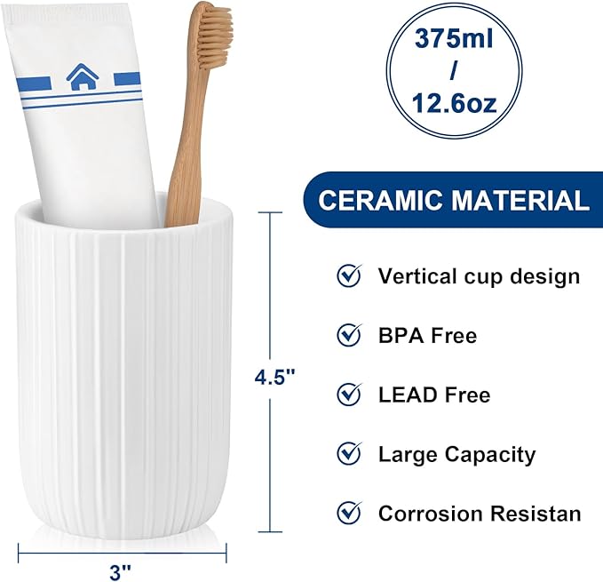 UHEY HOME Bathroom Tumbler Cup Ceramic 2Pcs 12.6oz Reusable Toothbrush Cup 375ml,Toothbrush Holder for Your Bathroom (White)