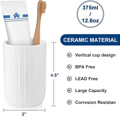 UHEY HOME Bathroom Tumbler Cup Ceramic 2Pcs 12.6oz Reusable Toothbrush Cup 375ml,Toothbrush Holder for Your Bathroom (White)