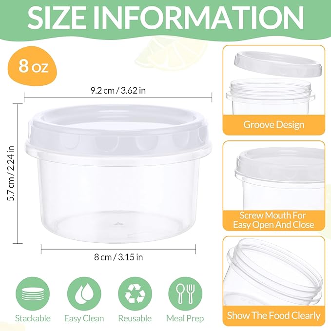 Sieral 36 Pack 8 oz Freezer Containers with Lids Reusable Deli Freezer Storage Containers Stackable Plastic Thick Twist Top Jars for Takeout Food Round Wide Mouth Lunch Snack (White)