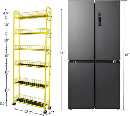 6-Tier Slim Storage Cart with Wheels,6in Narrow Rolling Shelf,Sturdy Slim Storage Ideal for Kitchen, Bathroom, and Laundry Room, Yellow