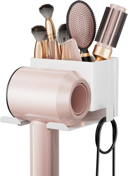 MAYZOLOP Hair Dryer Holder Wall Mounted, Hair Tools Organizer, Bathroom Space-Saving Blow Dryer Organizer Curling Irons Storage Wall Mounted White (Self-Adhesive and Drilling)