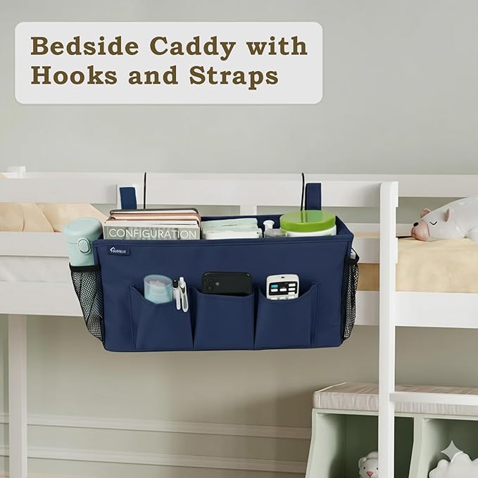 Surblue Bedside Organizer with Hook Bedside Caddy Hanging Storage Bag with Adjustable Straps and Water Bottle Holder for Home College Dorm Bunk Bed Accessories, Crib Bed Rails, Hospital Bed，Navy
