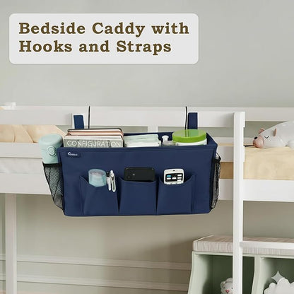 Surblue Bedside Organizer with Hook Bedside Caddy Hanging Storage Bag with Adjustable Straps and Water Bottle Holder for Home College Dorm Bunk Bed Accessories, Crib Bed Rails, Hospital Bed，Navy