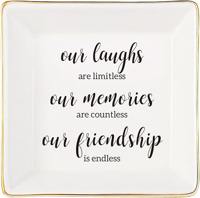 JOYIMARR Endless Friendship Gifts Ceramic Ring Dish Jewelry Tray,Birthday Gifts For Best Friend-Our Laughs Are Limitless,Our Memories Are Countless,Our Friendship Is Endless