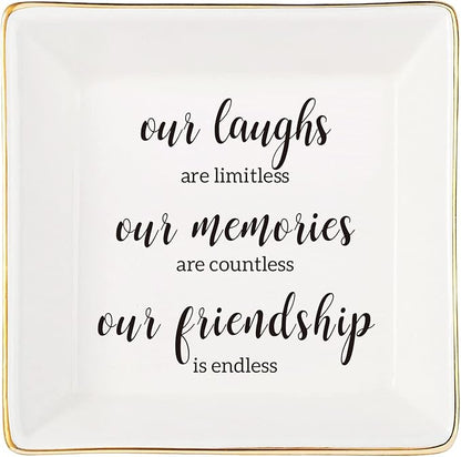 JOYIMARR Endless Friendship Gifts Ceramic Ring Dish Jewelry Tray,Birthday Gifts For Best Friend-Our Laughs Are Limitless,Our Memories Are Countless,Our Friendship Is Endless