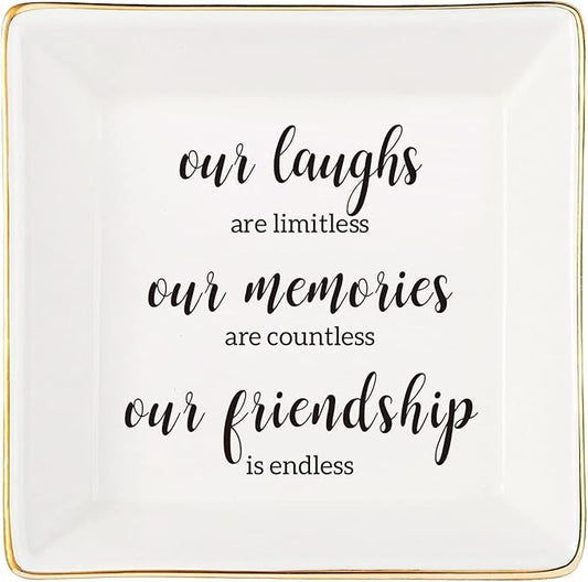 JOYIMARR Endless Friendship Gifts Ceramic Ring Dish Jewelry Tray,Birthday Gifts For Best Friend-Our Laughs Are Limitless,Our Memories Are Countless,Our Friendship Is Endless