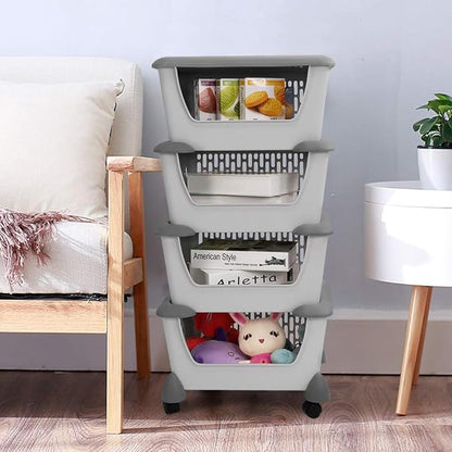 Cand 5-Pack Large Stackable Storage Bins, Plastic Stacking Baskets for Fruit, Vegeable, Snacks, Grey