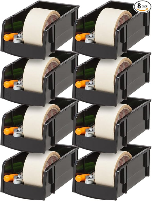 IRIS USA Small Stackable Storage Bins, 8-Pack, 7.5 x 4.5 x 3 inch, |Made in USA|, Plastic Open Front Shelf Bin for Organizing Parts, Hardware, Tools, Supplies, Garage Shelf, Pantry - Black