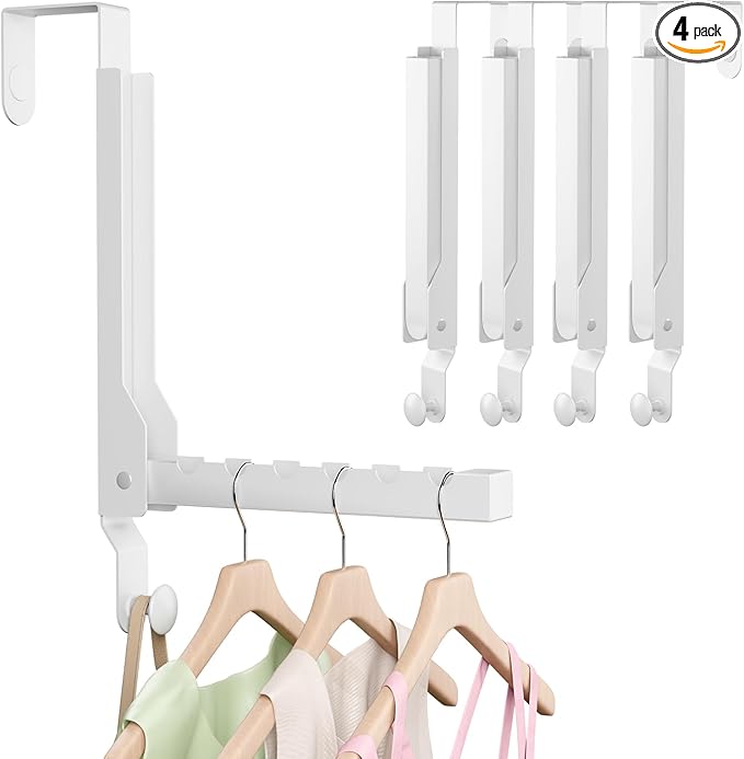 WLCSNG 4 Pack Over The Door Hanger Foldable Over The Door Hooks，Rust-Resistant Overdoor Hanger Hook for Laundry (Clothes Drying Rack)&Bathroom (Towel Rack) Small Portable,White