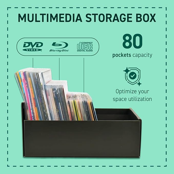 DJOIS by Tarifold - CD & DVD Storage Box - Durable Material - Compact Size - Holds 80 Sleeves - Scratch Resistant - Can Hold Blu-Ray Discs & X-Box Video Games - Made in Denmark - Black