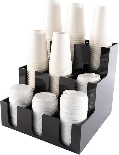 CiaoHER Acylic Coffee Cup and Lid Dispenser with 9 Compartments, Counter Top for Coffee Station to Organize Disposable Cups, for Home or Office Use (Black)