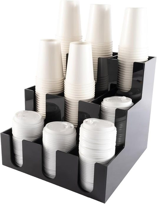 CiaoHER Acylic Coffee Cup and Lid Dispenser with 9 Compartments, Counter Top for Coffee Station to Organize Disposable Cups, for Home or Office Use (Black)