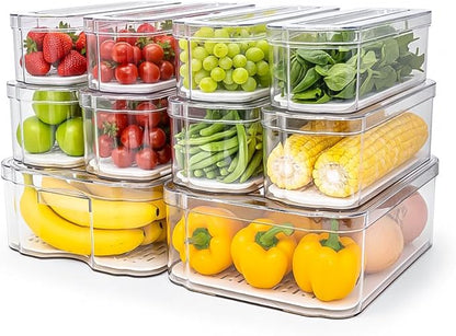 SMRCAD Fridge Organizers and Storage, 10 Pack Clear Freezer Organizer Bins with Lids for Kitchen, Pantry, Refrigerator, Food, Fruit, Vegetable Storage